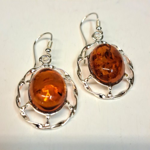 HWG-2424 Earrings, Ovals Rum Amber, Windowpane Silver $65 at Hunter Wolff Gallery